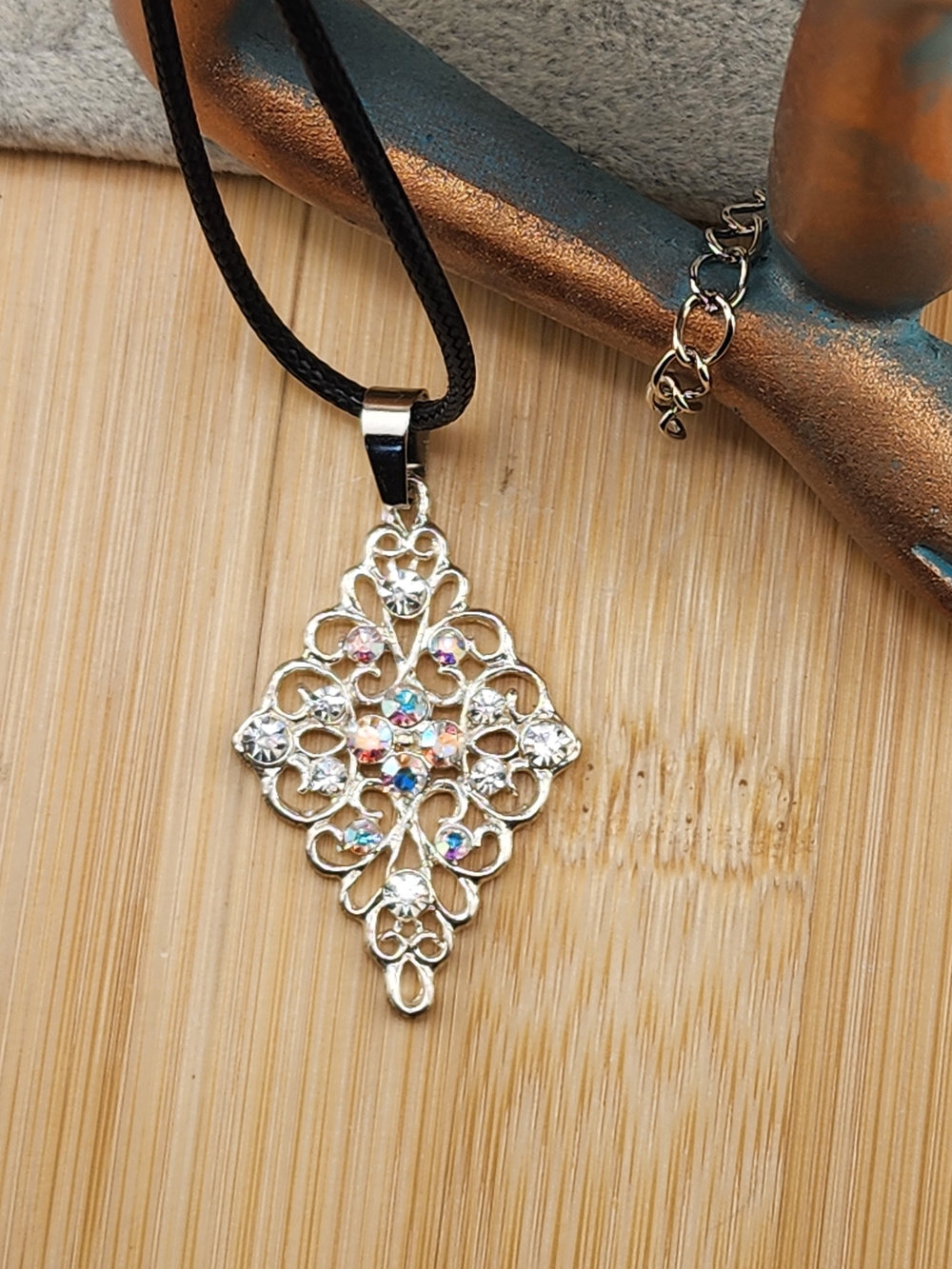 Silver Tone Filigree Pendant Necklace with Multicolor Crystal Accents